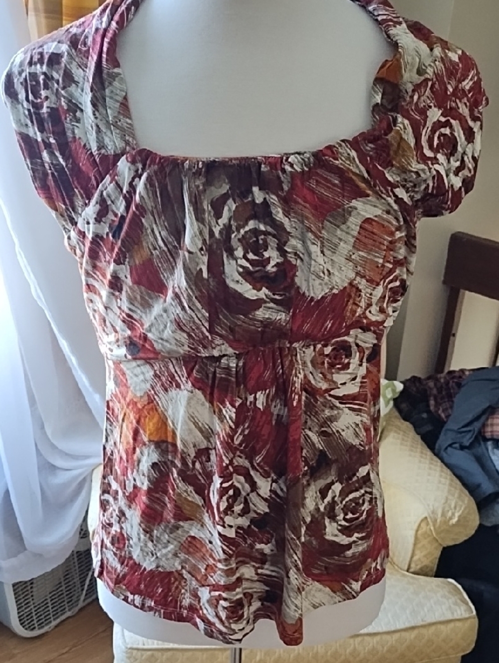 Christopher & Banks Red and Cream Floral Flutter Sleeve Blouse